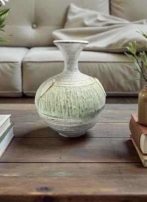 Art Vase Handcrafted White Green Ceramic Clay Textured Pottery Signed by Artist