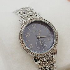 Geneva Womens Crystal Accent Silver Tone Bracelet Watch Working Gray Face