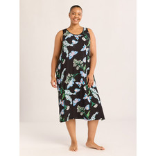 JOYSPUN SLEEVELESS SCOOP NECK MIDI CHEMISE NIGHTGOWN BLACK BLU FLORAL 4X 26W-28W