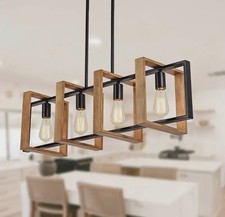 4 Light Ceiling Pendant Light Wood Black Metal Kitchen Island Dining Room