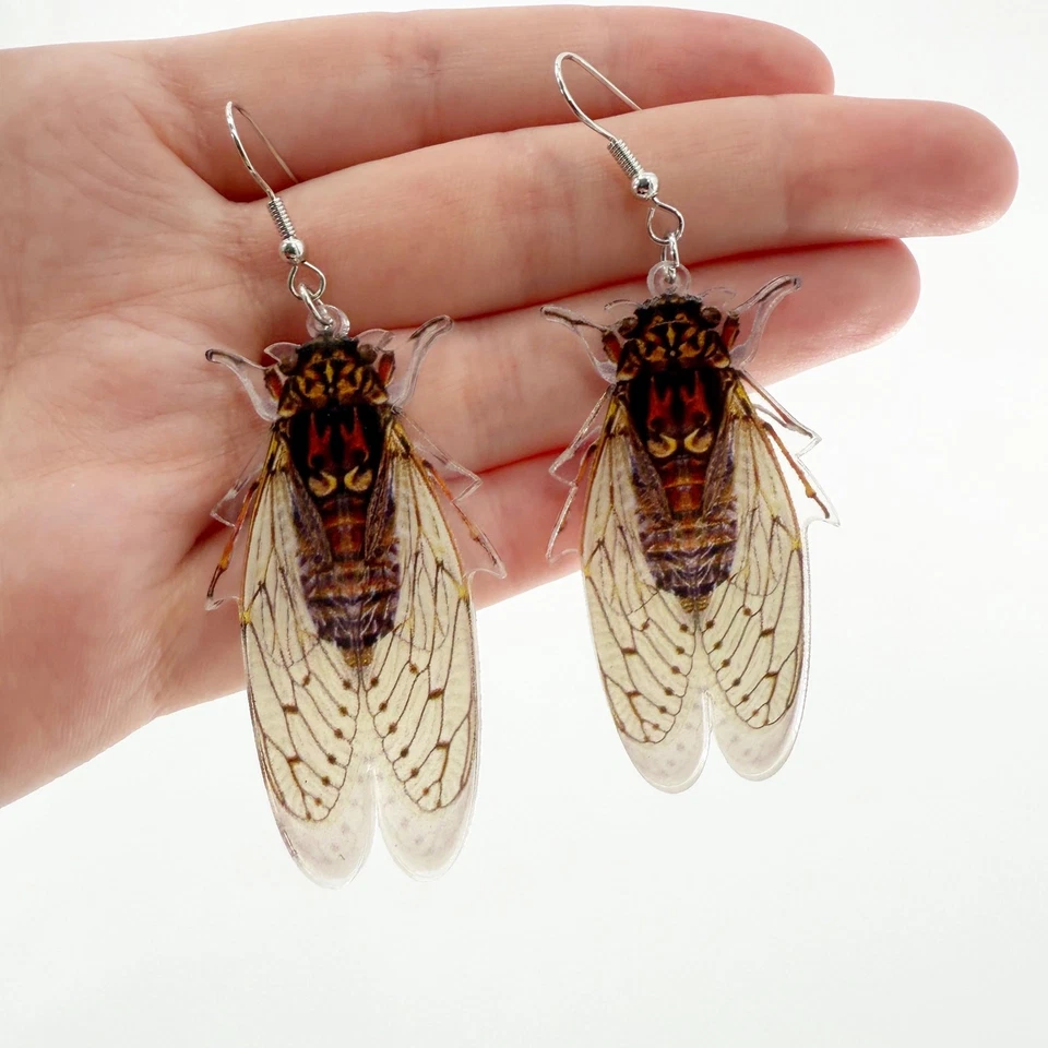 Pendientes Cicada, Joyería Cicada, Pendientes Inspirados en la Naturaleza, Pendientes Acrílicos Foto 3 de 4