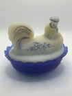 RARE Fenton Satin Cobalt Painted BLEU CHATEAU Rooster On Nest SIGNED See Notes