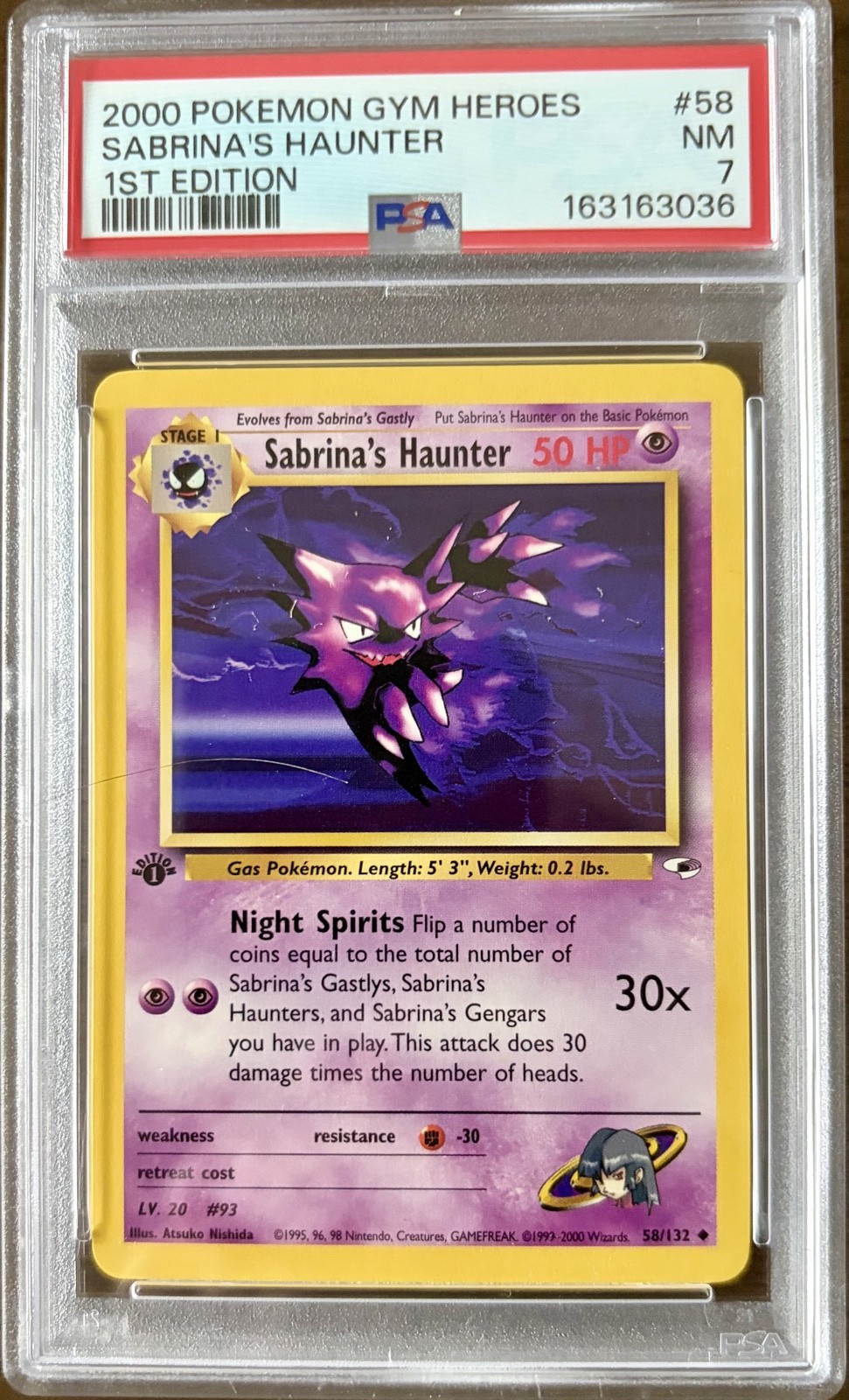 SABRINA’S HAUNTER 1st Edition 2000 Pokemon 058/132 Gym Heroes Regular PSA 7 N MT