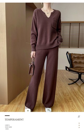 Tasche Freizeit Zweiteiler Set Damen V-Ausschnitt Pullover weites Bein Hose Strickpullover - Bild 16 von 26