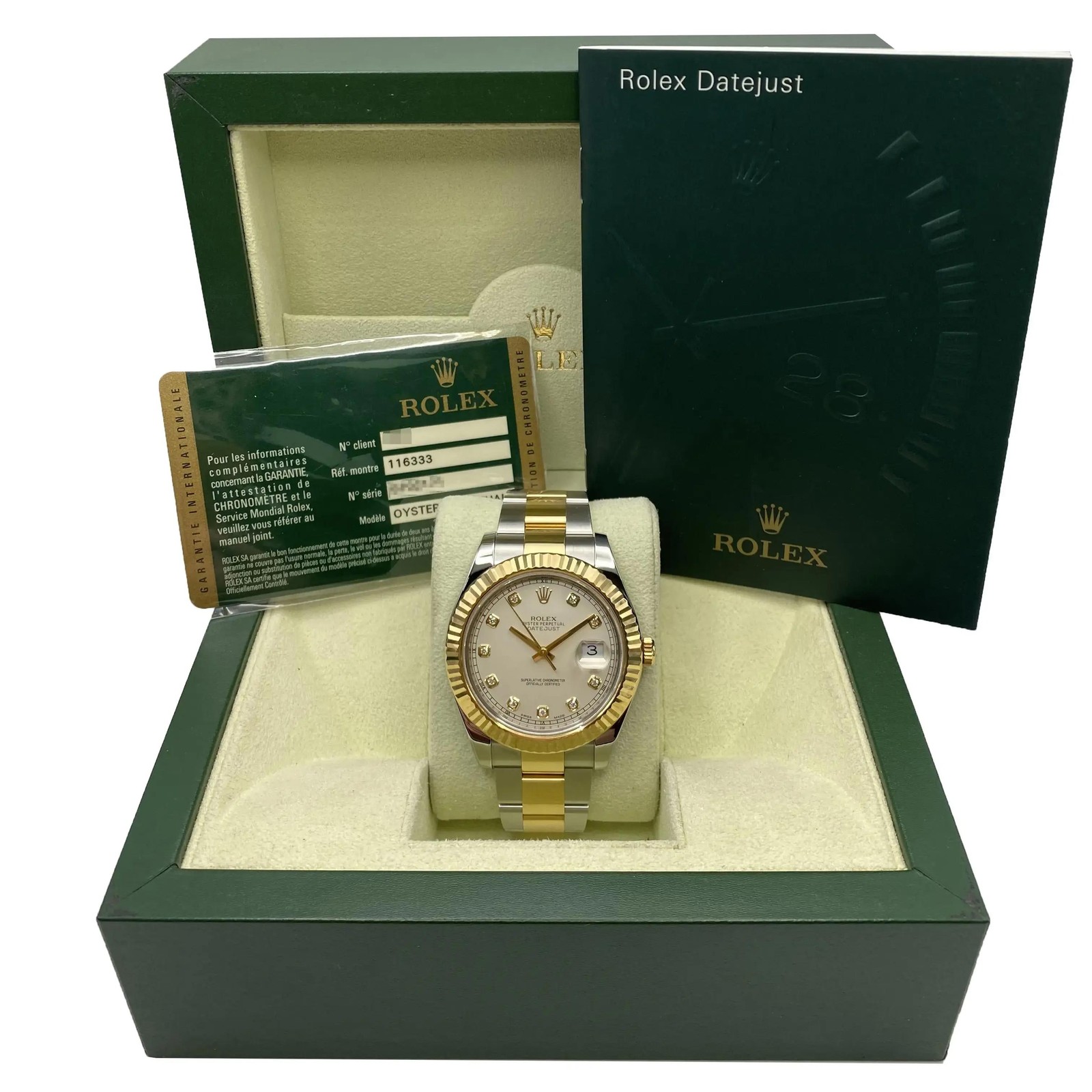 Rolex Datejust II 41MM 116333 Yellow Gold Steel Cream Diamond Dial Watch B&P