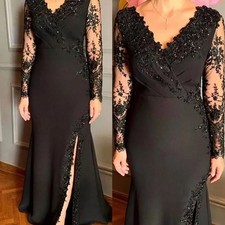 Black Satin Mother Of The Bride Dresses Beaded Lace Applique Wedding Guest Dress