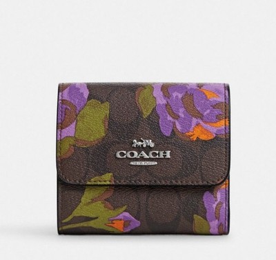 NWT Coach Small Trifold Wallet In Signature leather Brown Purple