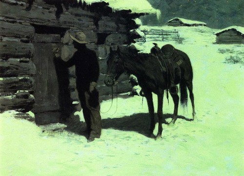 Oil painting Frederic-Remington-The-Belated-Traveler horse in landscape canvas - Afbeelding 1 van 1