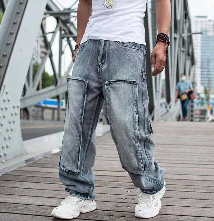 Men Baggy Jeans Wide Leg Denim Pants Hip Hop Vintage Style Loose