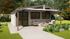 Gartenhaus Holz Vordach 2.1M, Blockhaus 6x4M + 2.1M, 40mm, Madrid EB40011F18