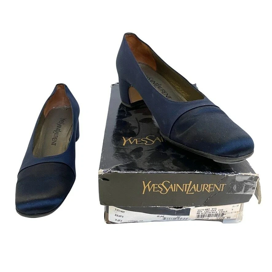 LOT x 3 Vtg YSL Yves Saint Laurent Blue Satin & Black Yellow Patent Pumps 8.5M - Image 3 of 4