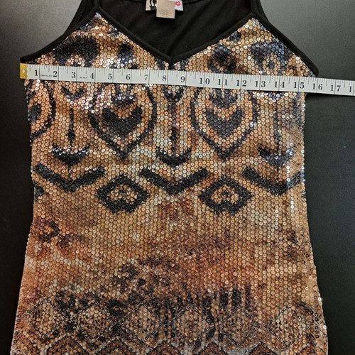 0348 - Y2K Body Central Size L Gold & Black Patterned Sequin Mesh Tank Blouse - Picture 12 of 15
