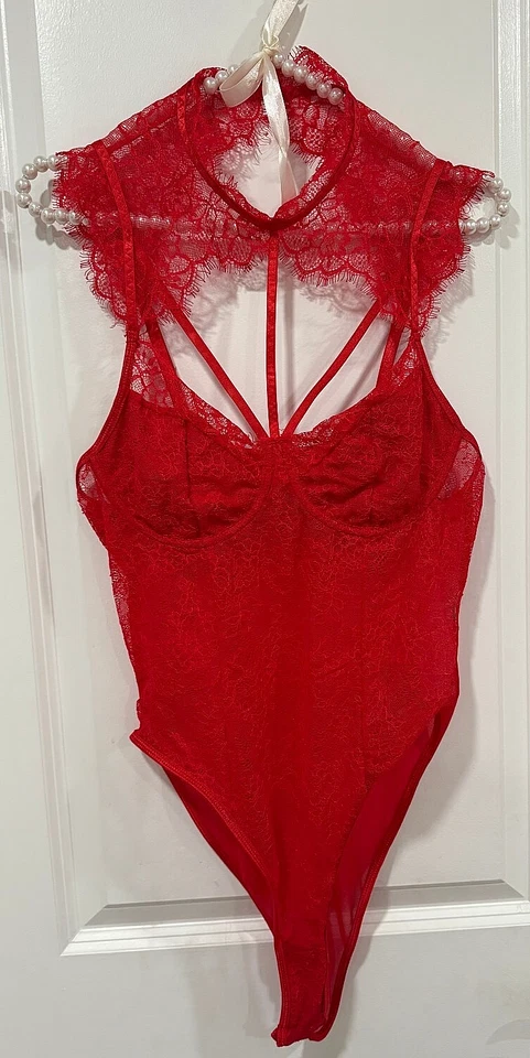 Sexy Red Lace Bodysuit Lingerie Strappy Sheer High Neck One Piece – Size M - Image 4 of 4