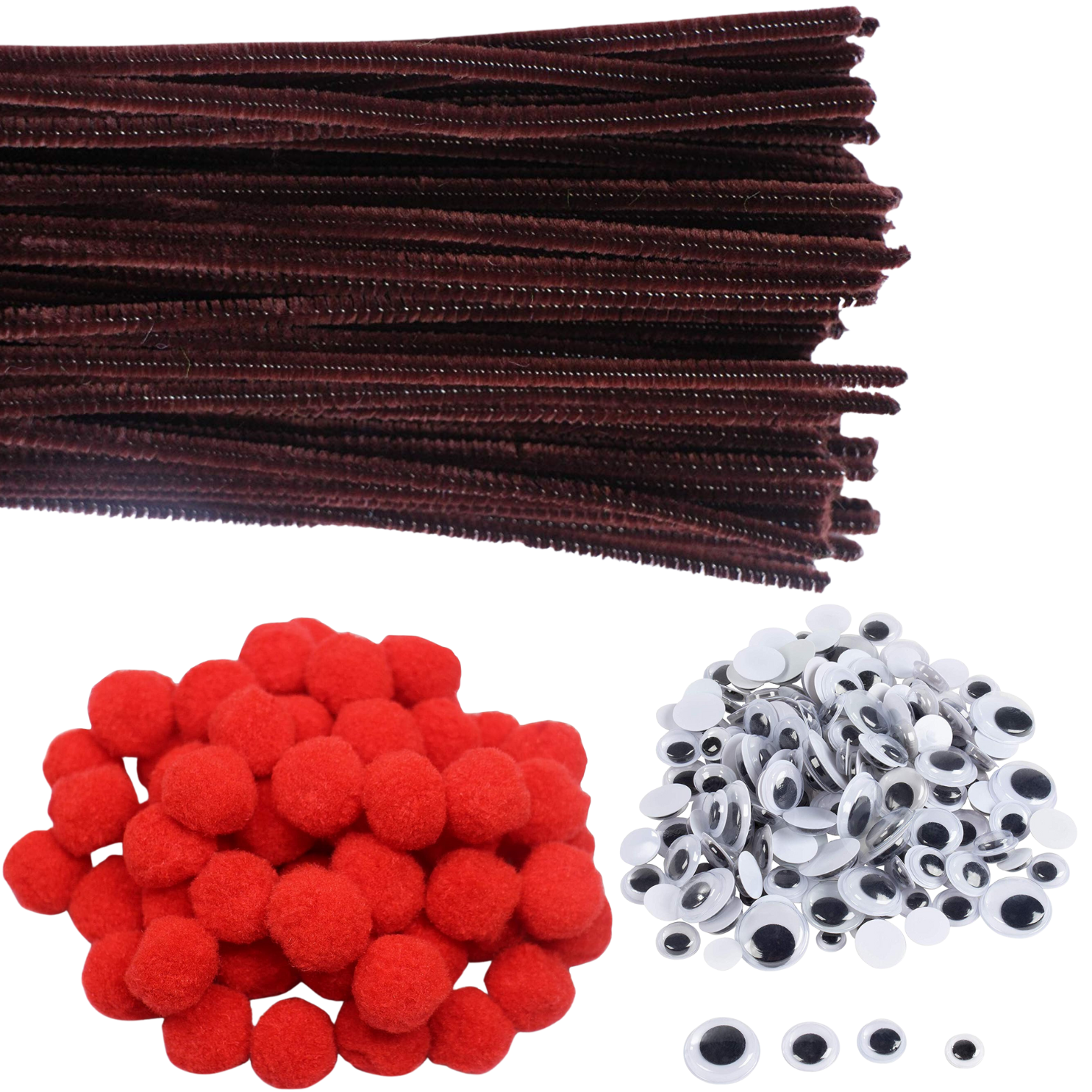 350pcs,Brown Pipe Cleaners 30cm,Red Pom Poms 17mm, 200 Googly Eyes Self Adhesive