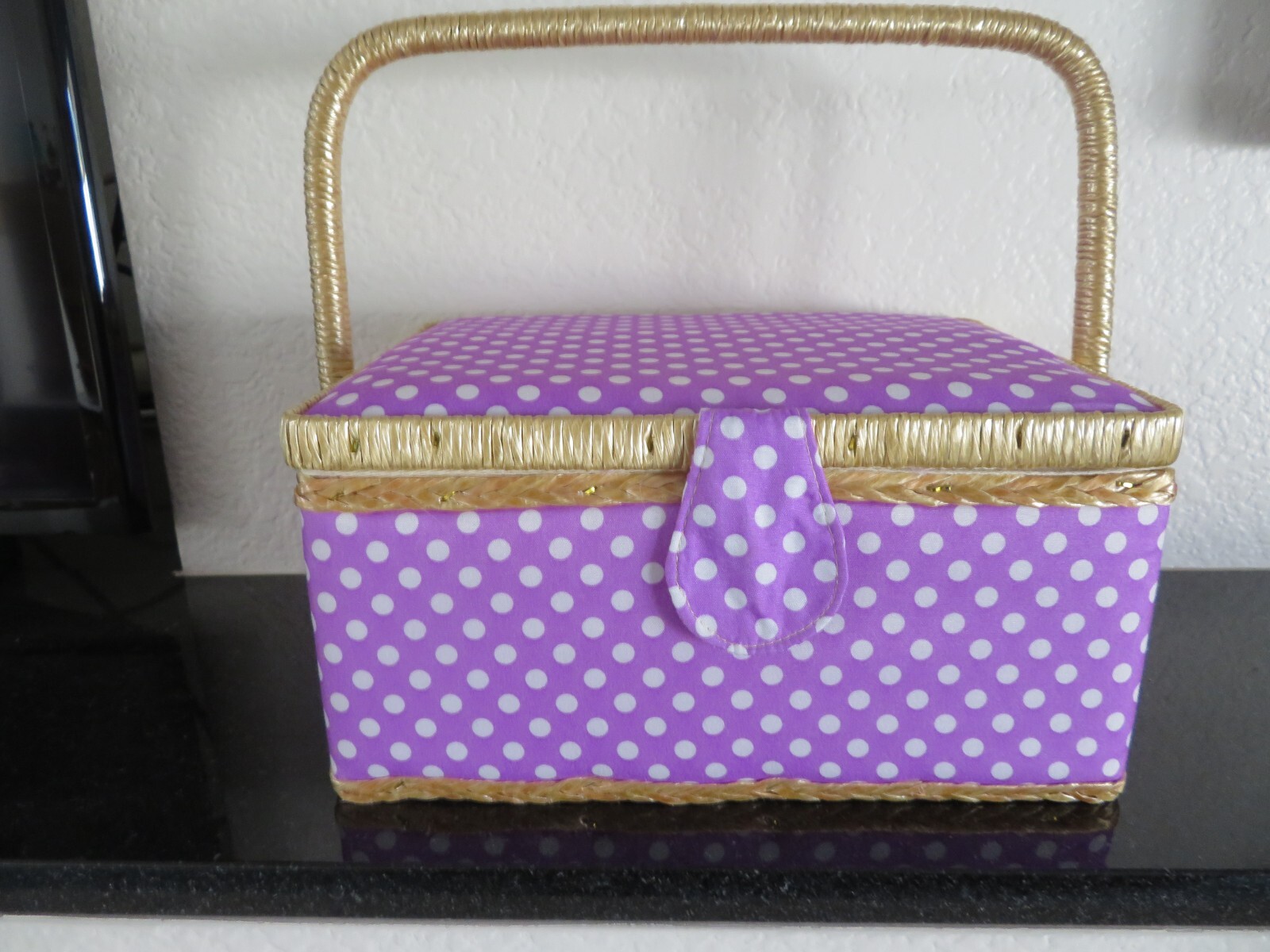 VINTAGE NEW PURPLE POKA-DOT SEWING STORAGE BOX