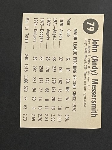 Tarjeta de béisbol Andy Messersmith 1975 anfitriona Los Angeles Dodgers #79 - Imagen 2 de 2