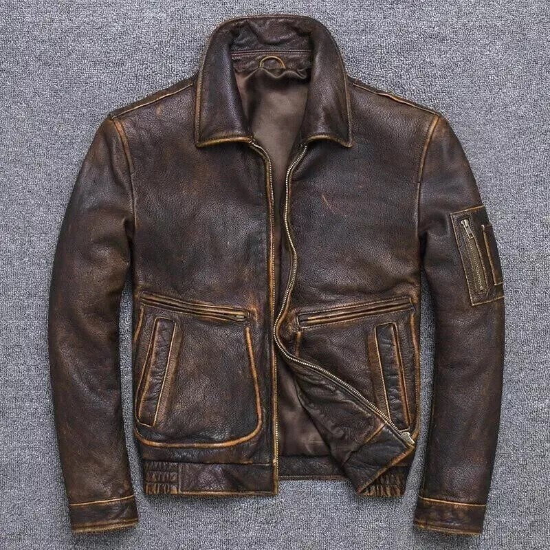 Chaqueta de cuero de oveja real envejecida marrón oscuro vintage para hombre estilo motociclista con cuello