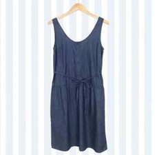 Gap Women's Scoop Front Back Midi Dress Blue Pockets Sleeveless Tie Waist in XS