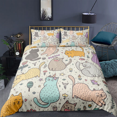  Kitty Cat Meow Duvet Cover Quilt Cover Double King Pillowcase Bedding Set - Picture 1 of 10