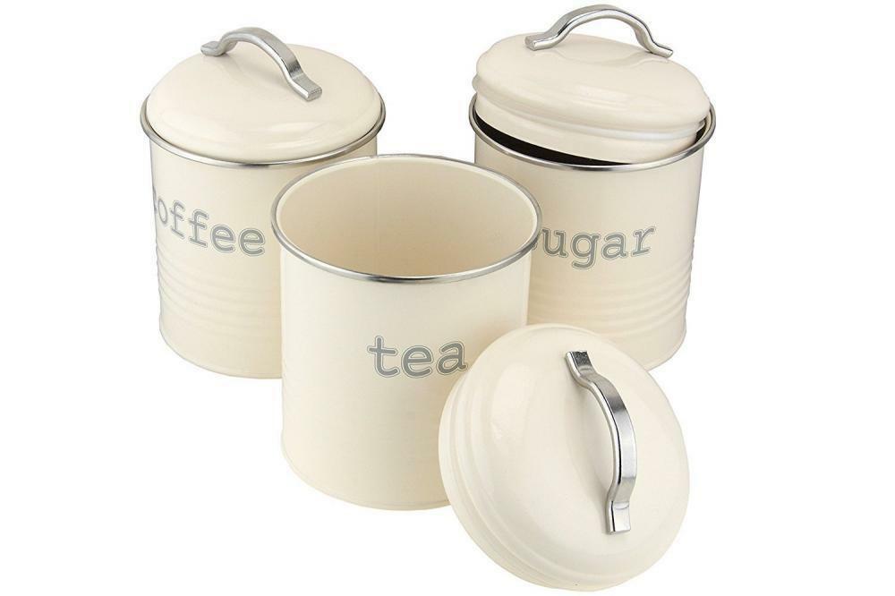 Vintage Cream Enamel Round Set of Tea Coffee Sugar Storage