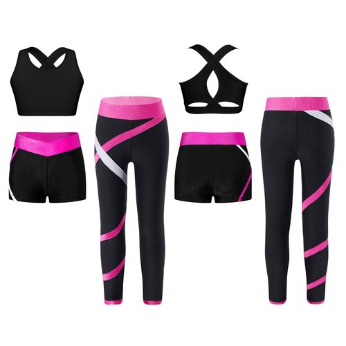 Girls Activewear Sports Set Vest Contrast Color Pants Shorts Ballet Yoga Dance - Picture 21 of 30