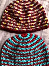 2 HAND CROCHETED UNISEX BEANIE SKULL CAP HATS Turquoise/ Claret  Mix colors