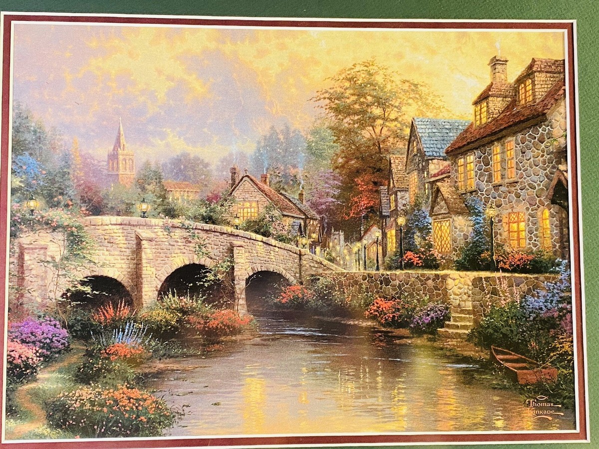 90s Thomas Kinkade ビンテージラグ 絵画 聖書 タペストリー Thomas Kinkade COBBLESTONE BROOKE Home Interiors Hostess Library