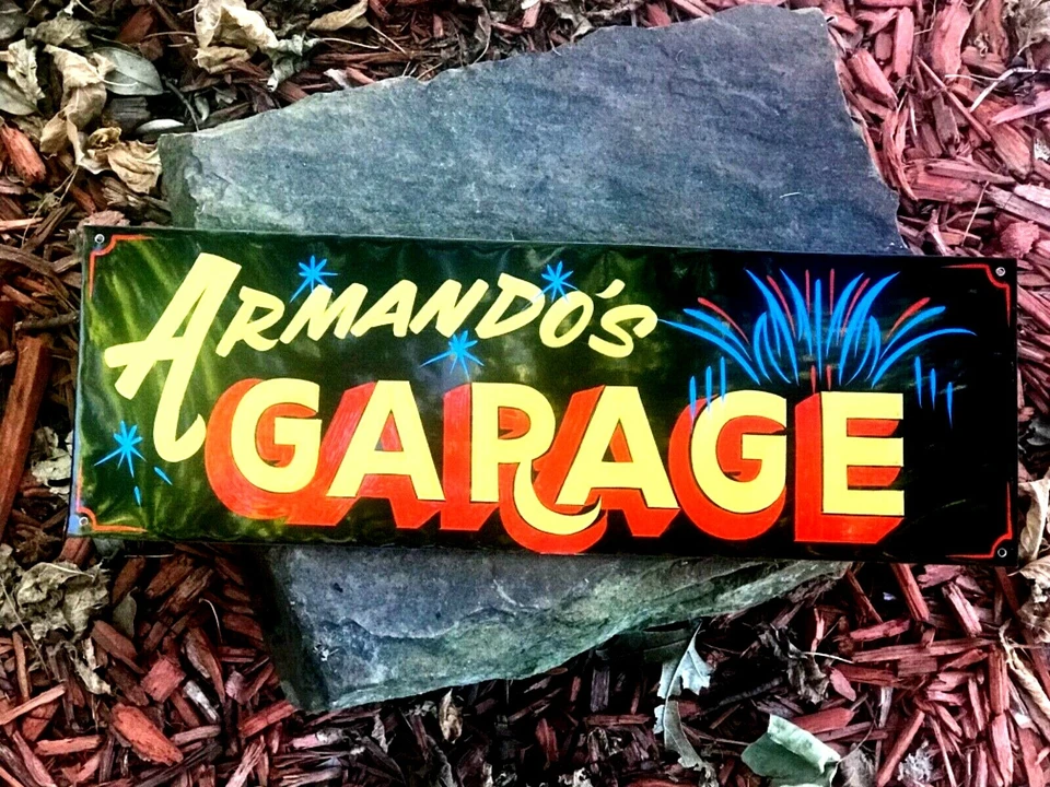 Letrero de nombre de tienda Hot Rat Rod pintado garaje personalizado vintage arte a rayas Foto 3 de 4