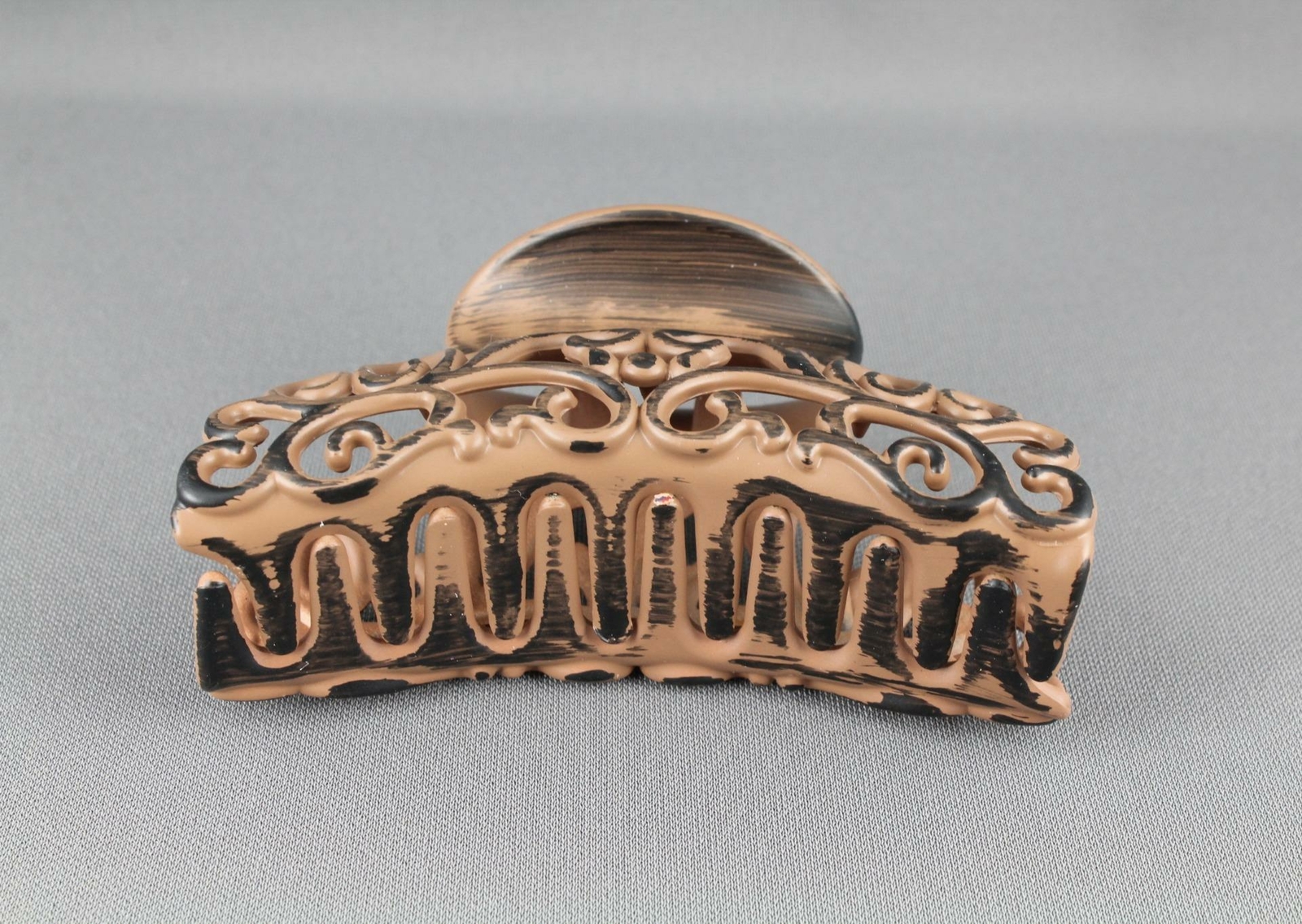 Brown hair clip 3 5/8" long big barrette claw jaw clamp scroll cut out WoodGrain