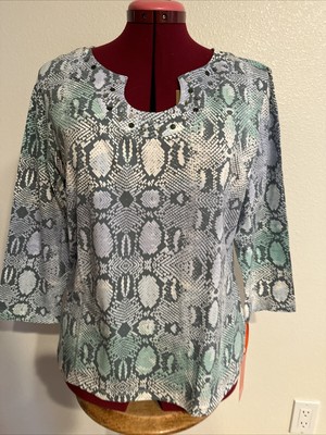 Hearts Of Palm Women s Top Snake Pattern Embellished Neckline 3/4 Sleeve Large