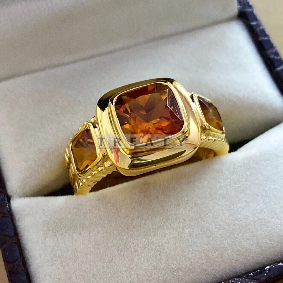 Cojín de citrino corte con anillo chapado en oro de plata de ley 925 para hombre #B791 Foto 4 de 4