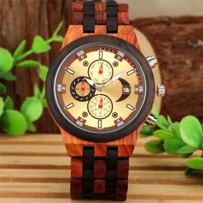 Lässige Herren Holzuhr Chronograph Quarz Armbanduhr Vollholzarmband reloj