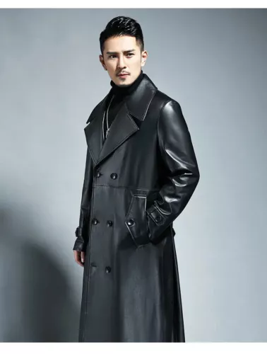 Autumn Men Long Black Pu Leather Spring Trench Coat Double Breasted Outerwear - Picture 6 of 12