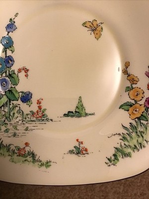 Große 10'' Kuchenplatte 1930er Vintage Crown Staffordshire Hollyhock (2) Handbemalt