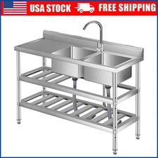 Stainless Steel Freestanding Dual Bowl Sink with Faucet for Restaurant Kitchen