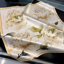 100% Silk Scarf Women Beige Flowers Kerchief Small Square Bandana Wrap 53*53cm