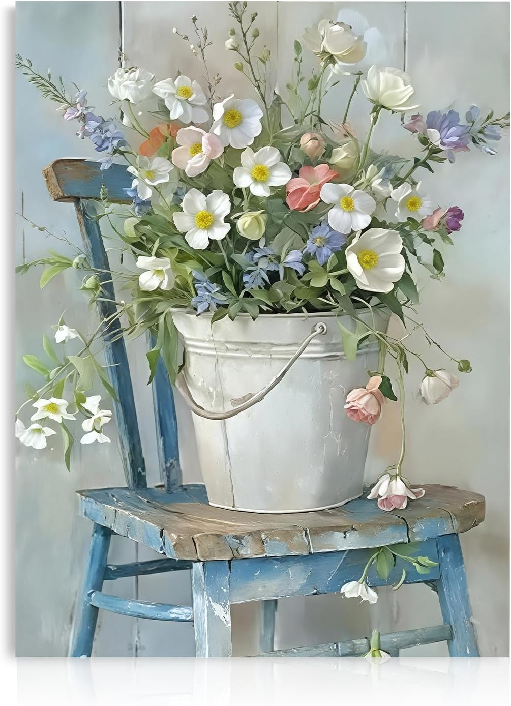 Rustic Vintage Floral Wall Art, Daisy Wildflowers in Bucket for Farmhouse Bathro