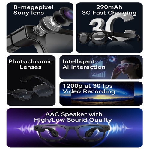 Gafas inteligentes 4K AI multifuncionales Bluetooth llamadas asistente de voz control - Imagen 5 de 26