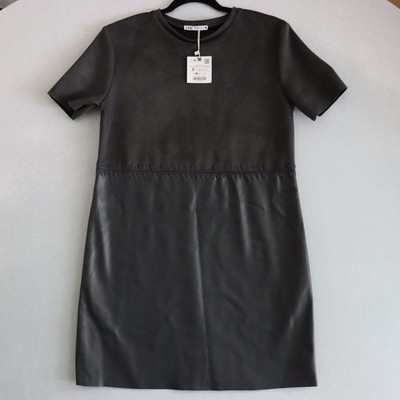 Zara Women's Faux Leather Contrast Shift Dress Size S - Black Short Sleeve