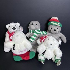 5pc Vintage Christmas Coca Cola Bean Bag Stuffed Animals Plush Bear Seal Beanie