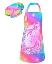 Kids Apron and Chef Hat Set, Girls Boys Adjustable Chef Hat 6-12 Years Rainbow