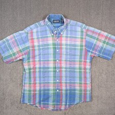 VTG Lands' End Seersucker Shirt Mens L 16-16.5 Pastel Madras Plaid Preppy USA