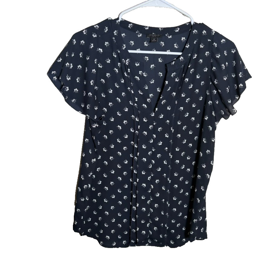 Ann Taylor Blouse Women's Petite Medium Blue Floral V-Neck Short Sleeve Top