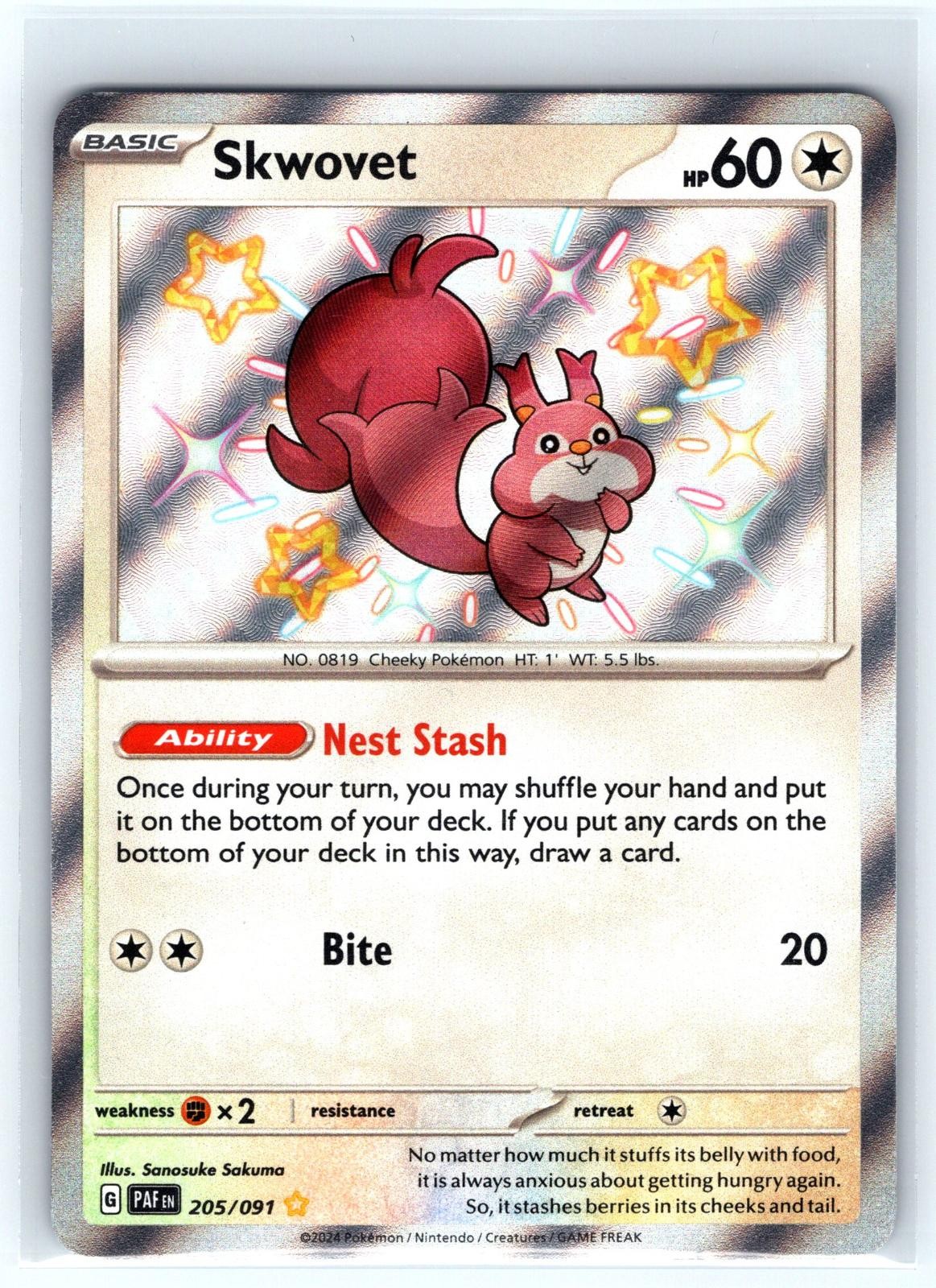 Skwovet 205/091 Shiny Rare Paldean Fates Pokemon Holo Near Mint