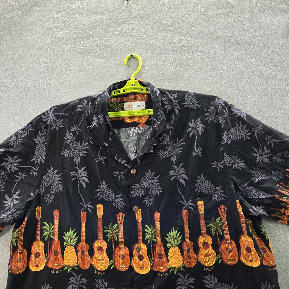 Camisa masculina Royal Hawaiian Creations com botões 4XL preta floral guitarra abacaxi - Imagem 4 de 4
