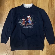 Vintage Christmas Bobbie Brooks Womens Christmas Bear Sweater Sz S Blue Cozy