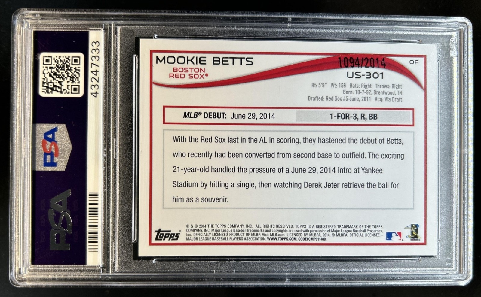 2014 Topps Update Mookie Betts RC Gold Rookie #/2014 Red Sox PSA 9 view 2