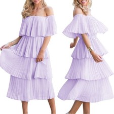 NEW BOUTIQUE Lavender Purple Off Shoulder MIDI Maxi Chiffon Ruffle Tier Dress M