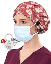 Satin Lined Bouffant Scrub Nurse Cap 4 Buttons Sweatband Adjustable Women