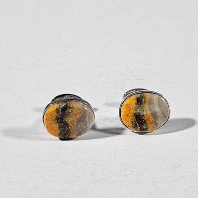 Jan Leslie Cufflinks Mens OS Yellow Bumble Bee Jasper 925 Sterling Silver Oval